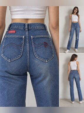 Vintage 80s High Rise Cigarette Jeans Pulsette Embroidered Heart Waist 23–24”